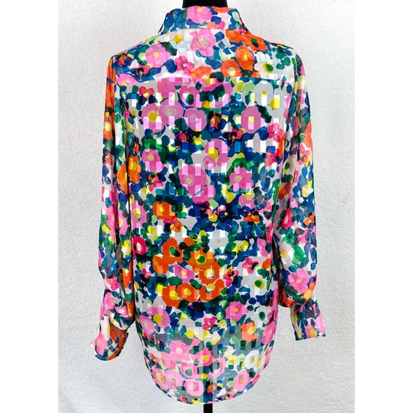 SALONI • Floral Semi-Sheer Long Sleeve Button-Down Shirt - Picture 6 of 16